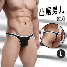 【凸屌男兒】條紋拼接亮絲微透低腰T字褲﹝黑 L﹞